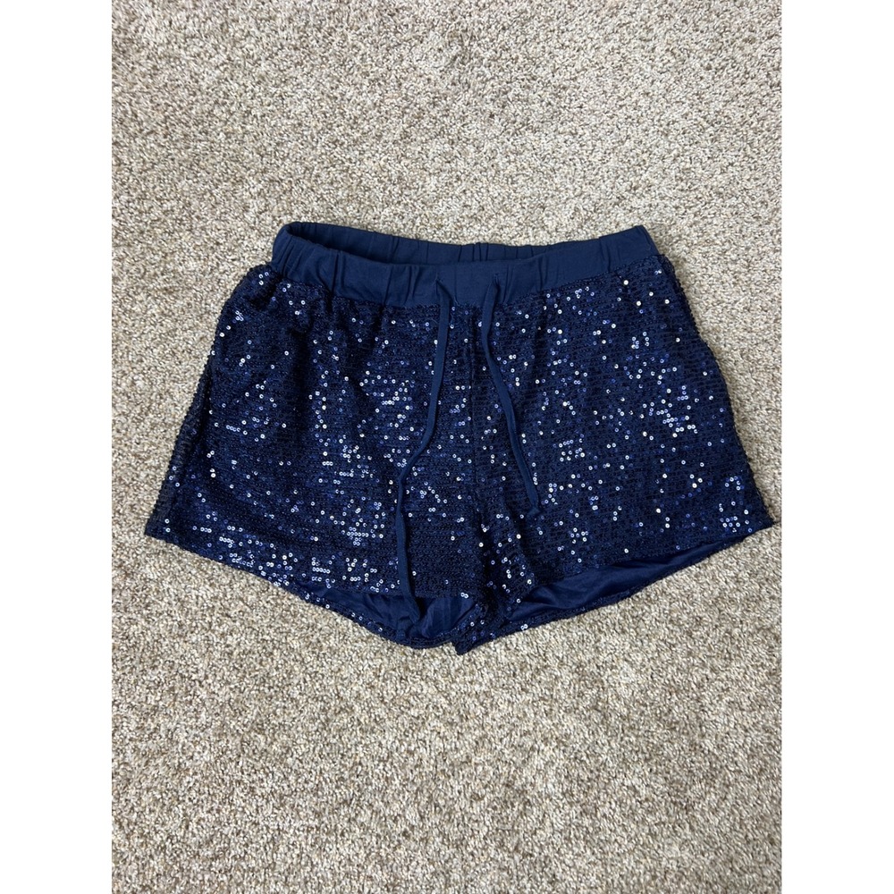 Jess Lea Navy Blue Sequin Drawstring Elastic Waist Shorts Large